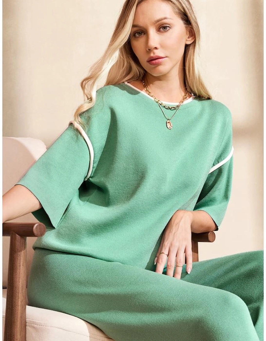 Canton Contrast Trim Half Sleeve Top Drawstring Pants Loose 2pcs Sweater Suit