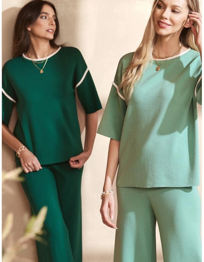 Canton Contrast Trim Half Sleeve Top Drawstring Pants Loose 2pcs Sweater Suit