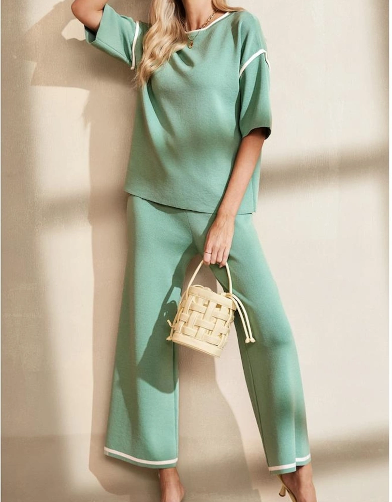 Canton Contrast Trim Half Sleeve Top Drawstring Pants Loose 2pcs Sweater Suit