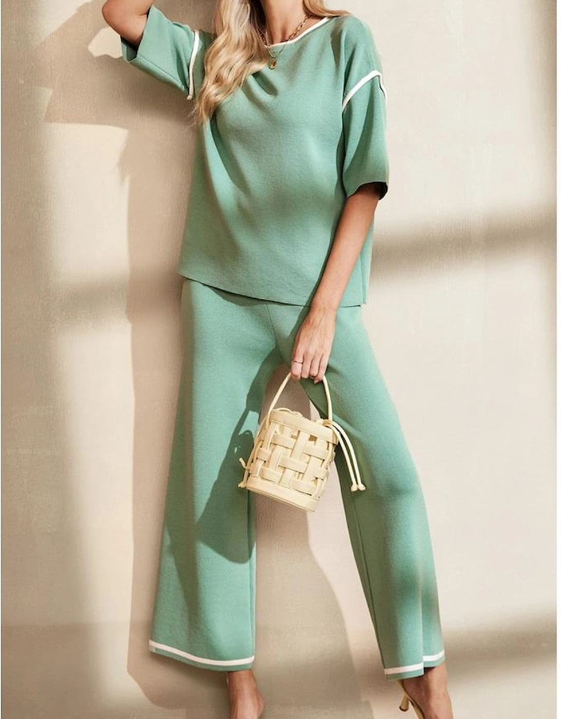 Canton Contrast Trim Half Sleeve Top Drawstring Pants Loose 2pcs Sweater Suit