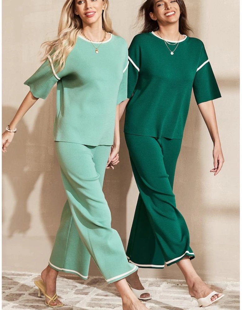 Canton Contrast Trim Half Sleeve Top Drawstring Pants Loose 2pcs Sweater Suit