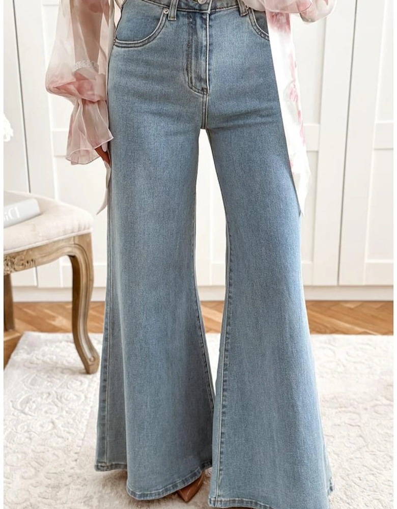 Beau Blue High Waist Button Zip Fly Bell Bottom Jeans