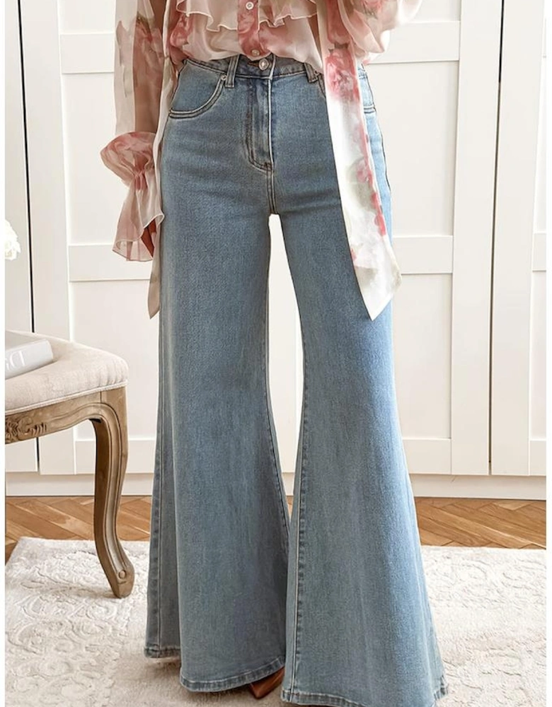Beau Blue High Waist Button Zip Fly Bell Bottom Jeans