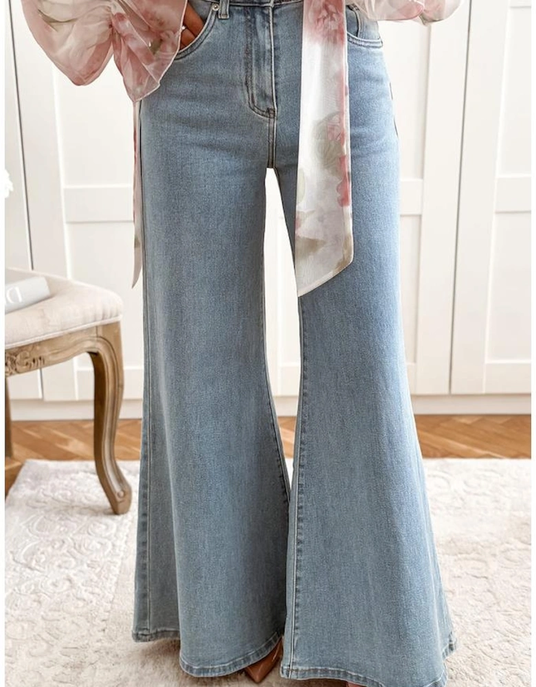 Beau Blue High Waist Button Zip Fly Bell Bottom Jeans