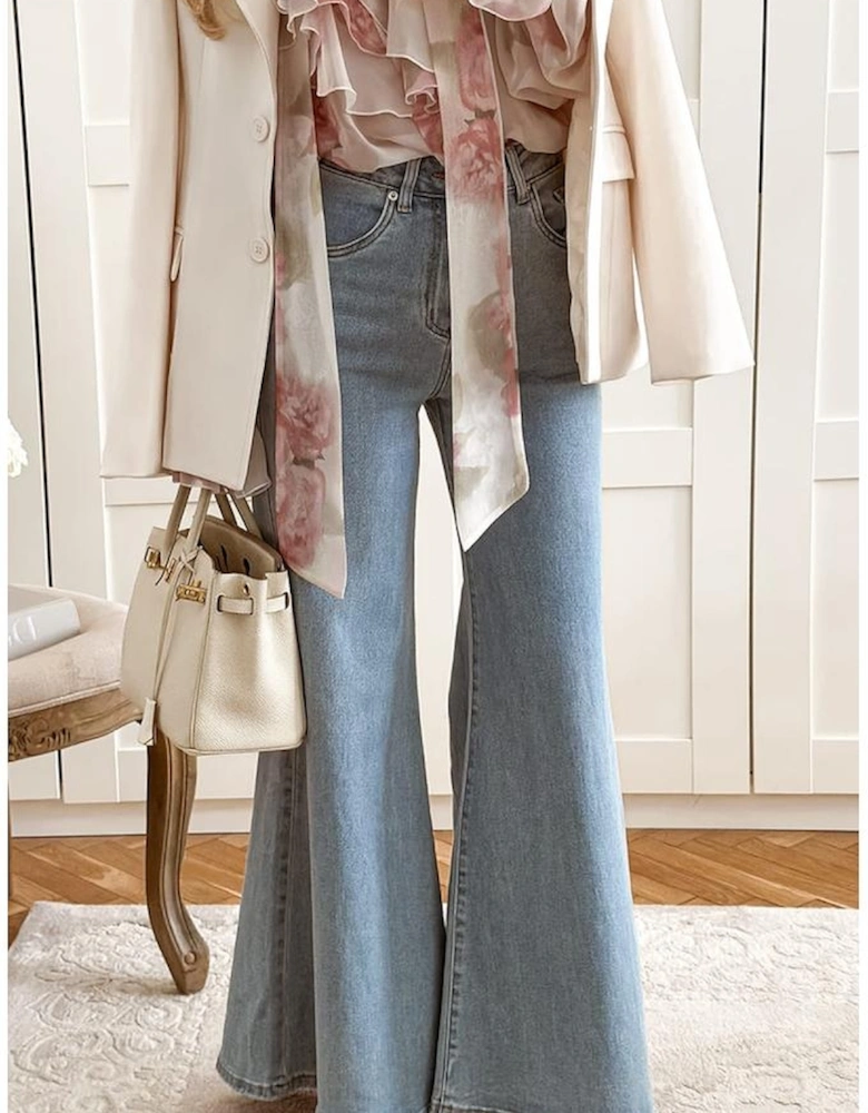 Beau Blue High Waist Button Zip Fly Bell Bottom Jeans