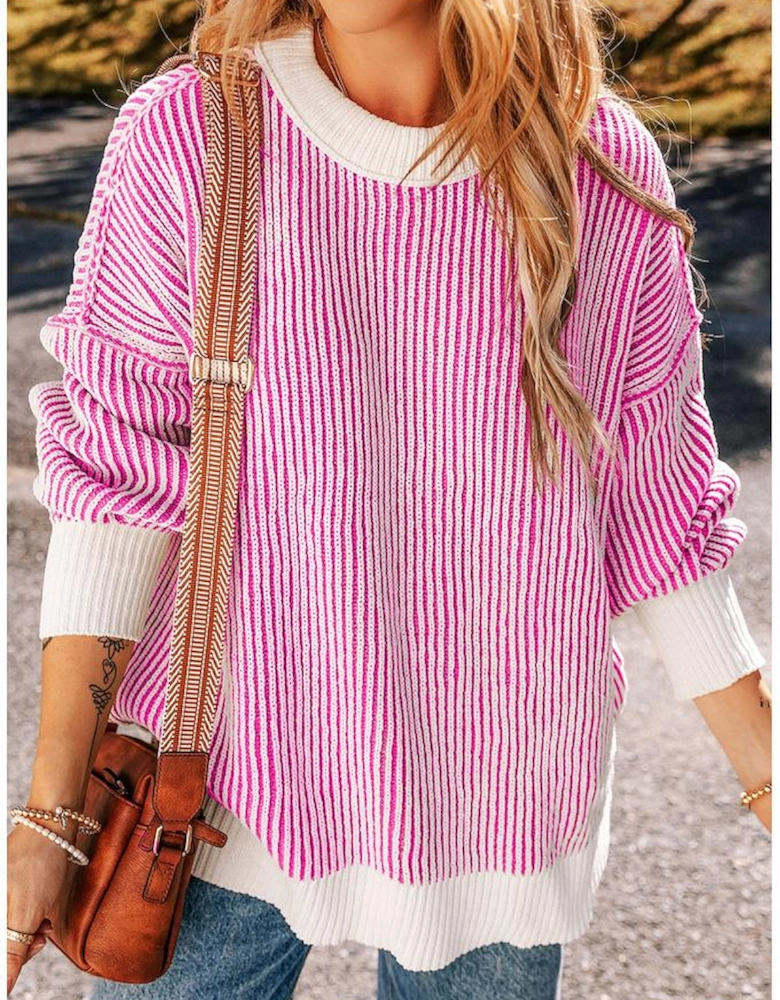 Azura Exchange Bright Pink Striped Textured Knit Contrast Edge Loose Sweater