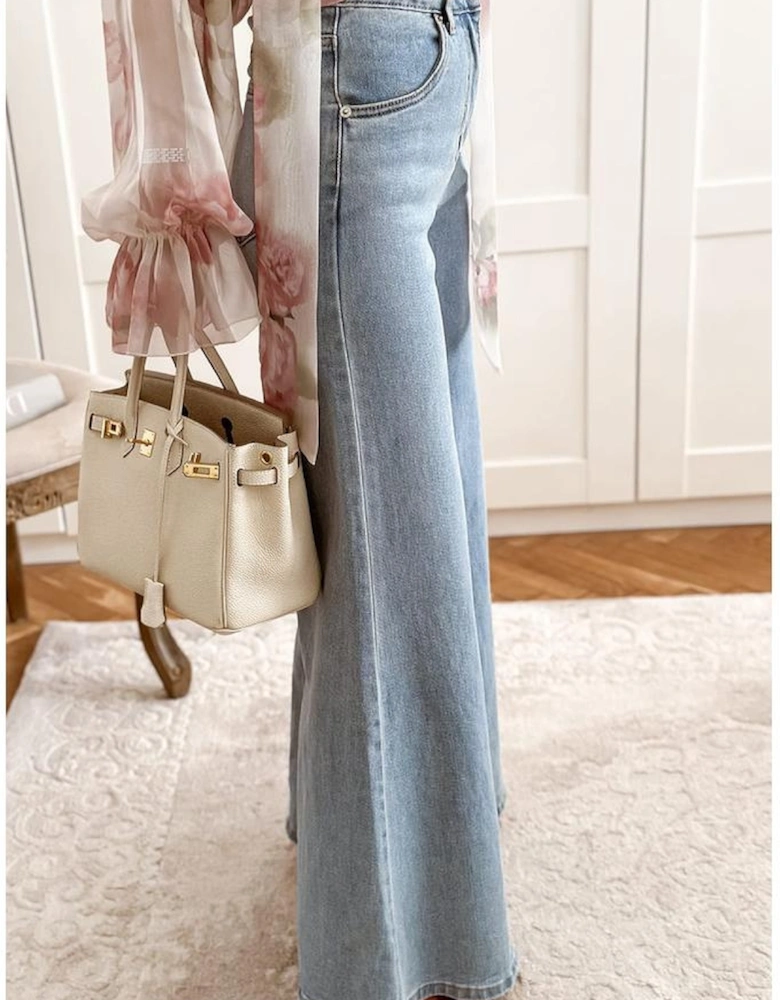 Beau Blue High Waist Button Zip Fly Bell Bottom Jeans