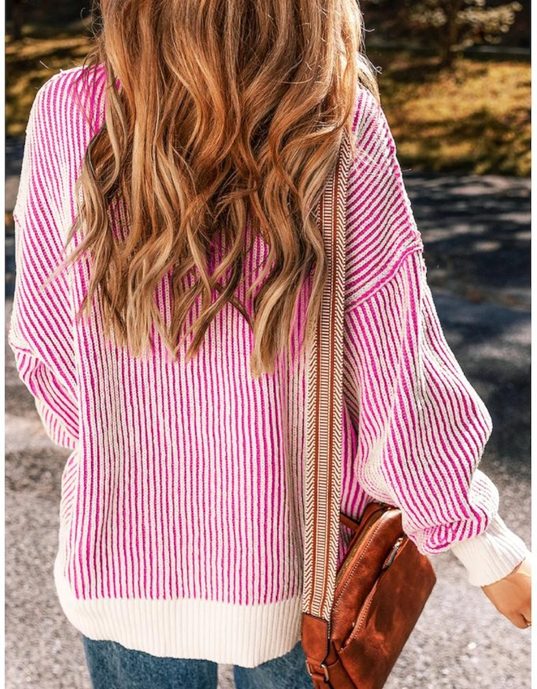 Azura Exchange Bright Pink Striped Textured Knit Contrast Edge Loose Sweater