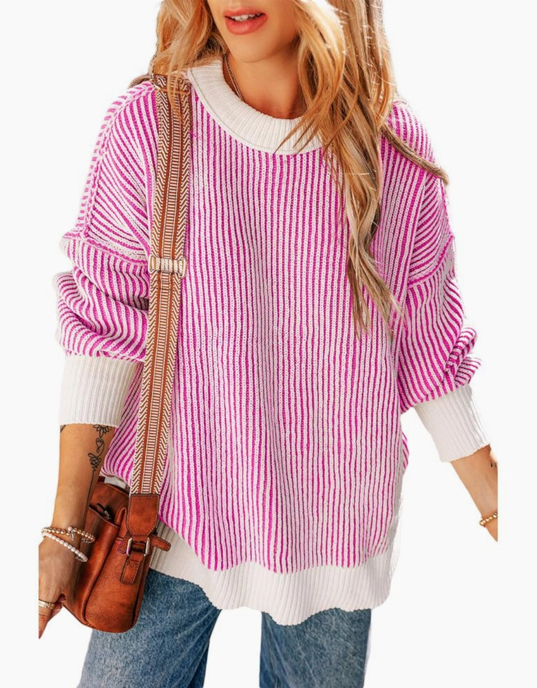 Azura Exchange Bright Pink Striped Textured Knit Contrast Edge Loose Sweater