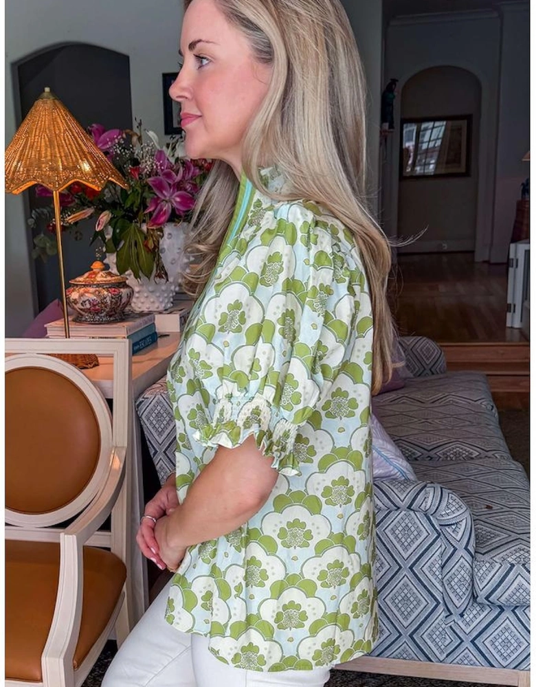 Green Floral Clouds Ruffled Short Sleeve Summer Blouse