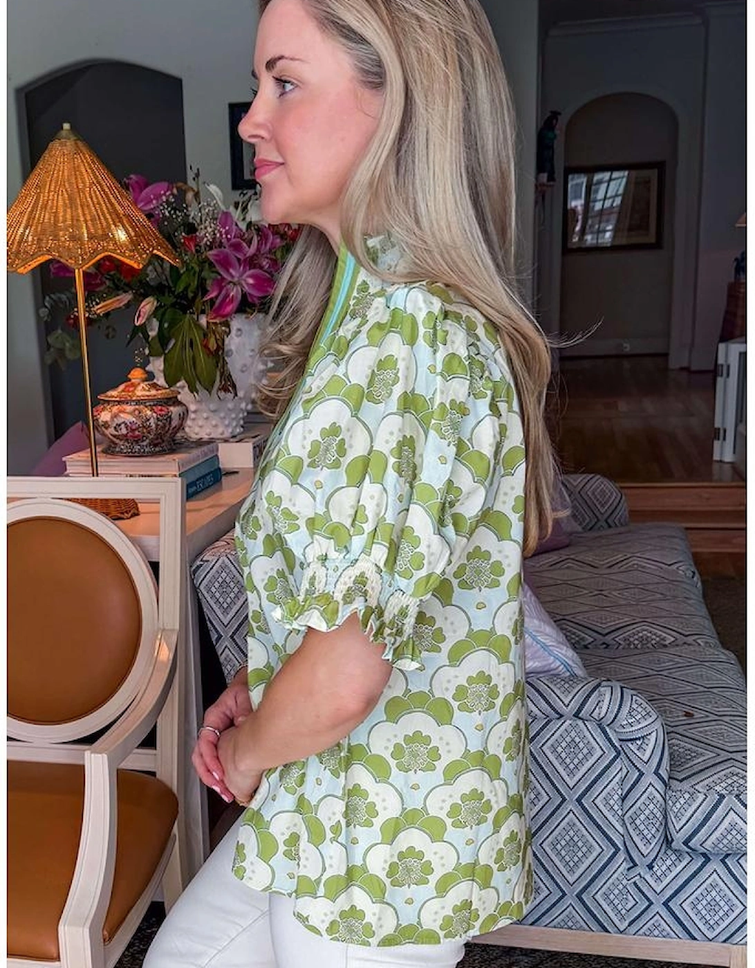 Green Floral Clouds Ruffled Short Sleeve Summer Blouse