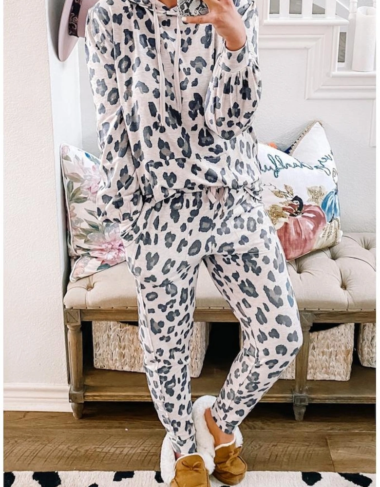 Khaki Leopard Print Drawstring Hoodie and Skinny Pants Lounge Set