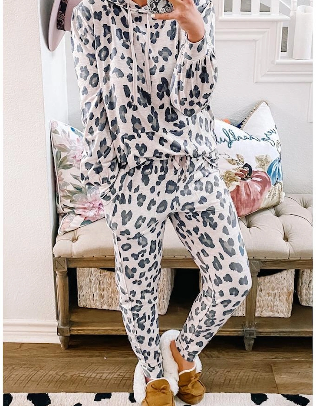 Khaki Leopard Print Drawstring Hoodie and Skinny Pants Lounge Set