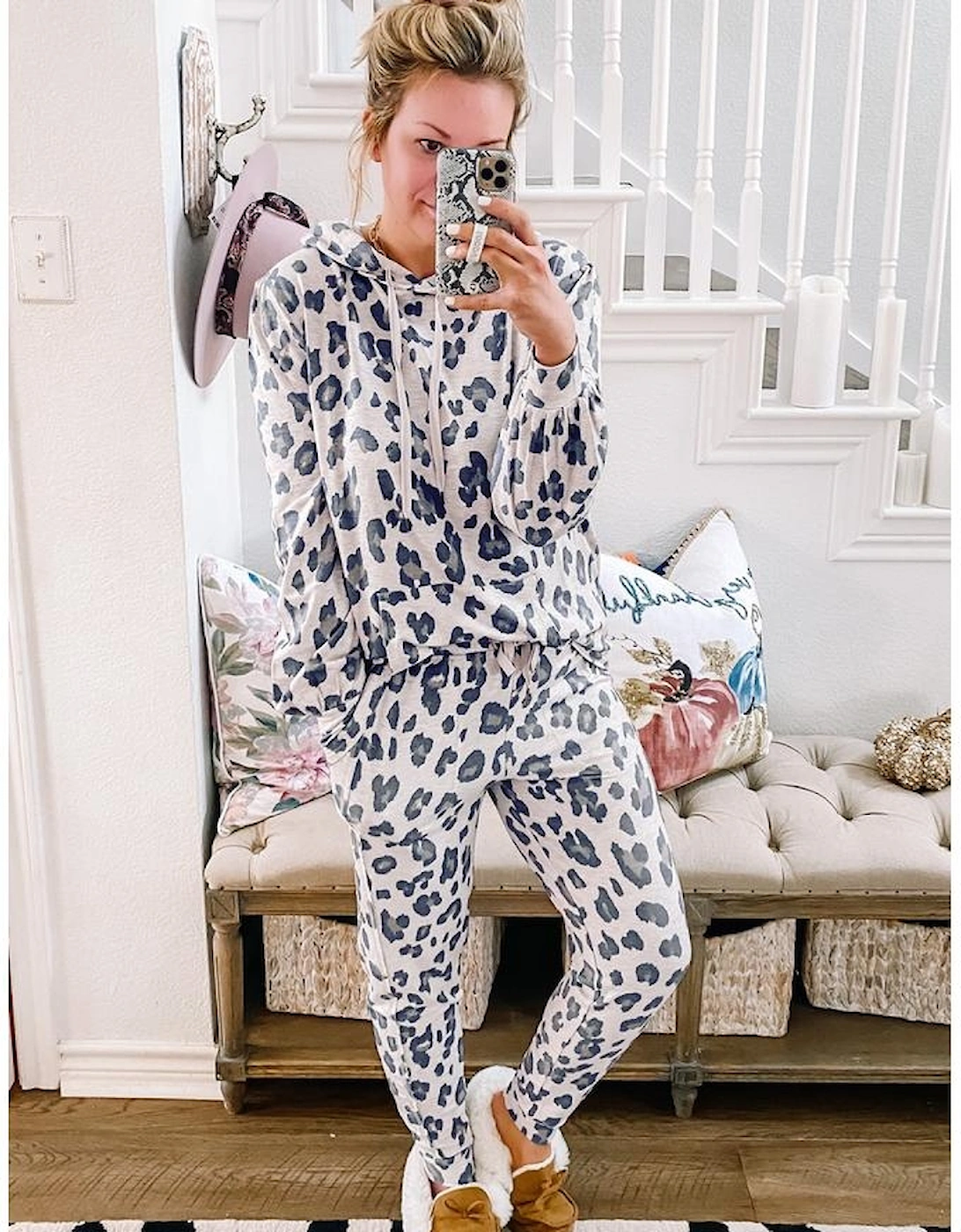 Khaki Leopard Print Drawstring Hoodie and Skinny Pants Lounge Set