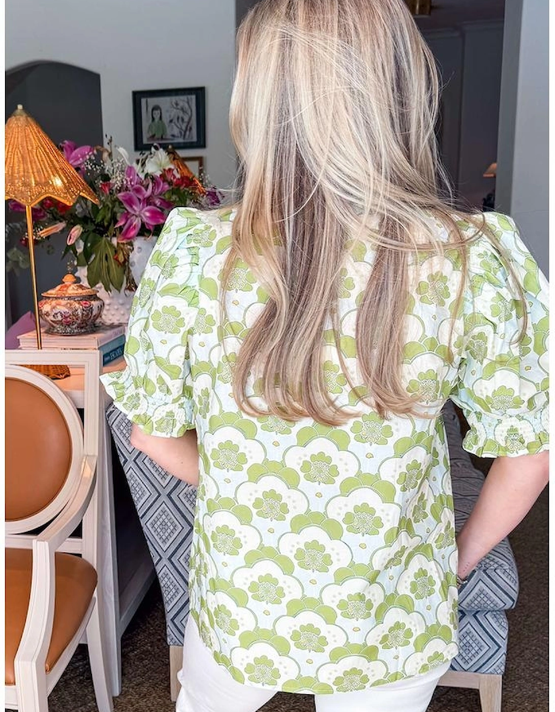 Green Floral Clouds Ruffled Short Sleeve Summer Blouse, 6 of 5