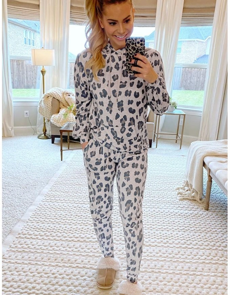 Khaki Leopard Print Drawstring Hoodie and Skinny Pants Lounge Set