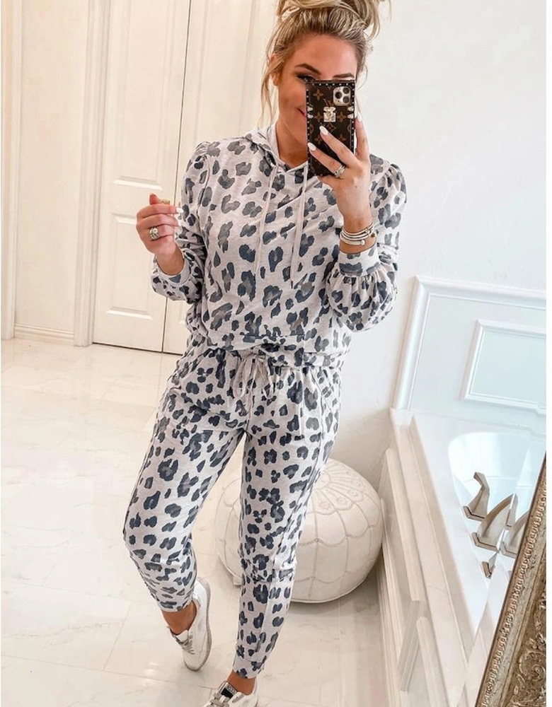 Khaki Leopard Print Drawstring Hoodie and Skinny Pants Lounge Set