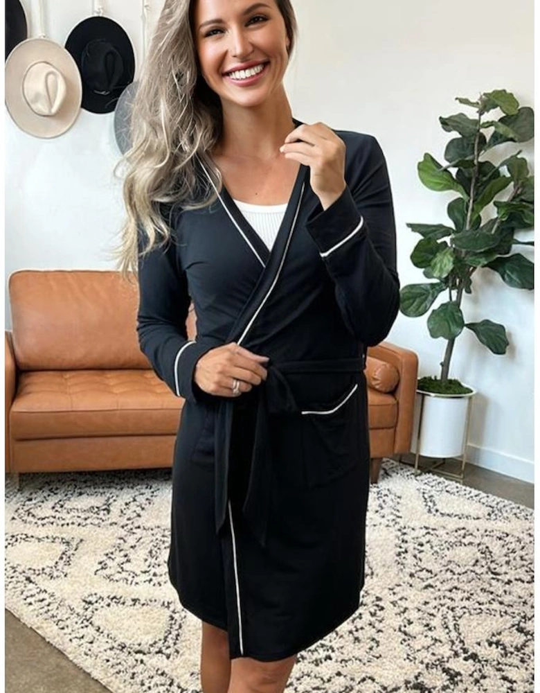Black Contrast Trim Hooded Lounge Cardigan and Pants Set