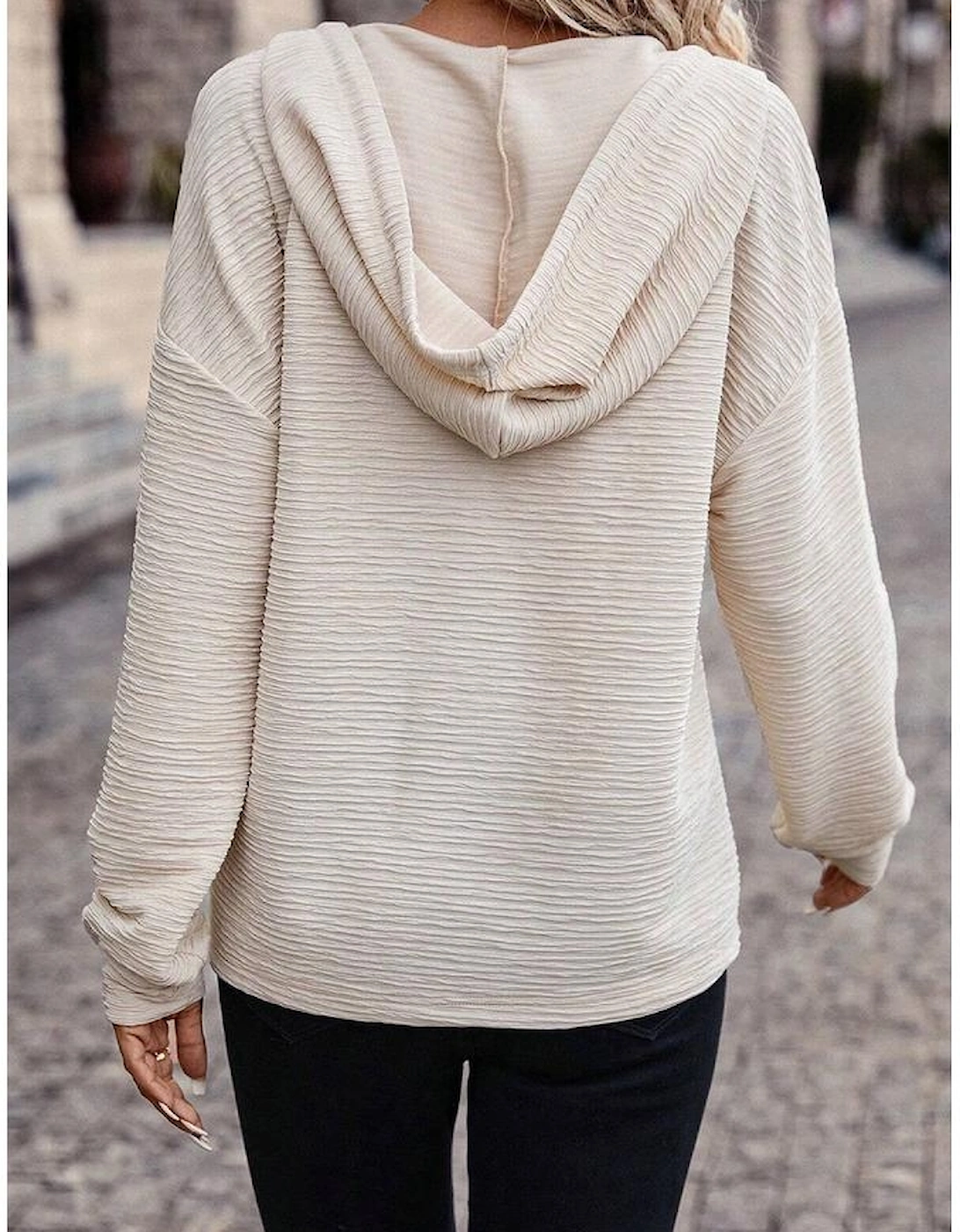 Apricot Solid Textured Drawstring Henley Hoodie