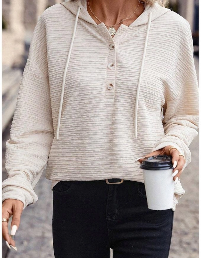 Apricot Solid Textured Drawstring Henley Hoodie