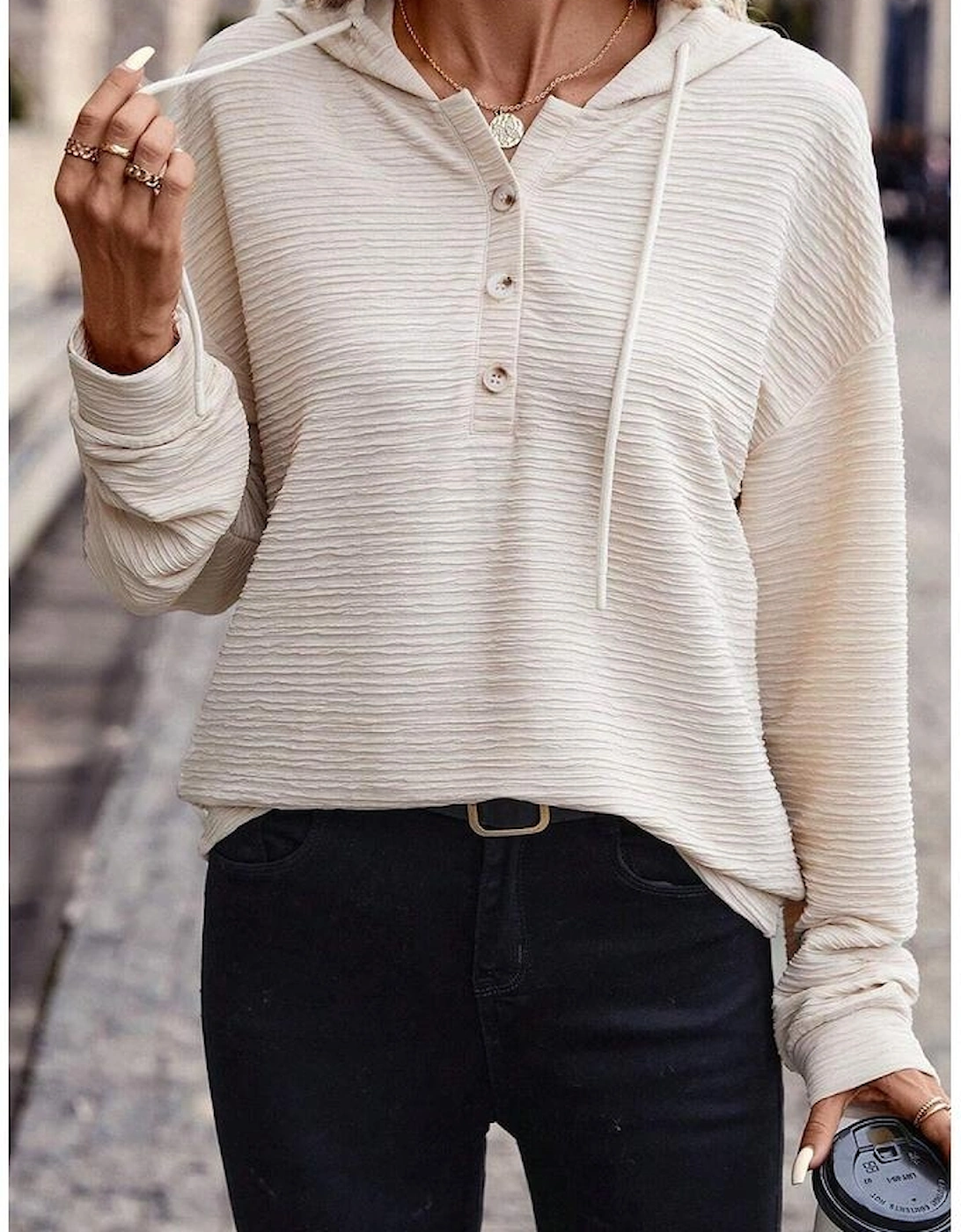 Apricot Solid Textured Drawstring Henley Hoodie, 7 of 6