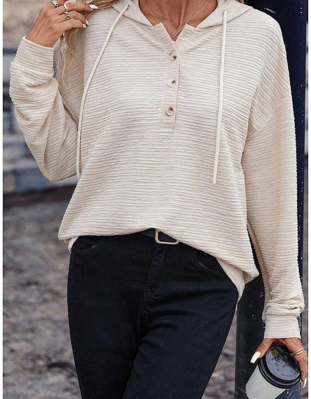 Apricot Solid Textured Drawstring Henley Hoodie