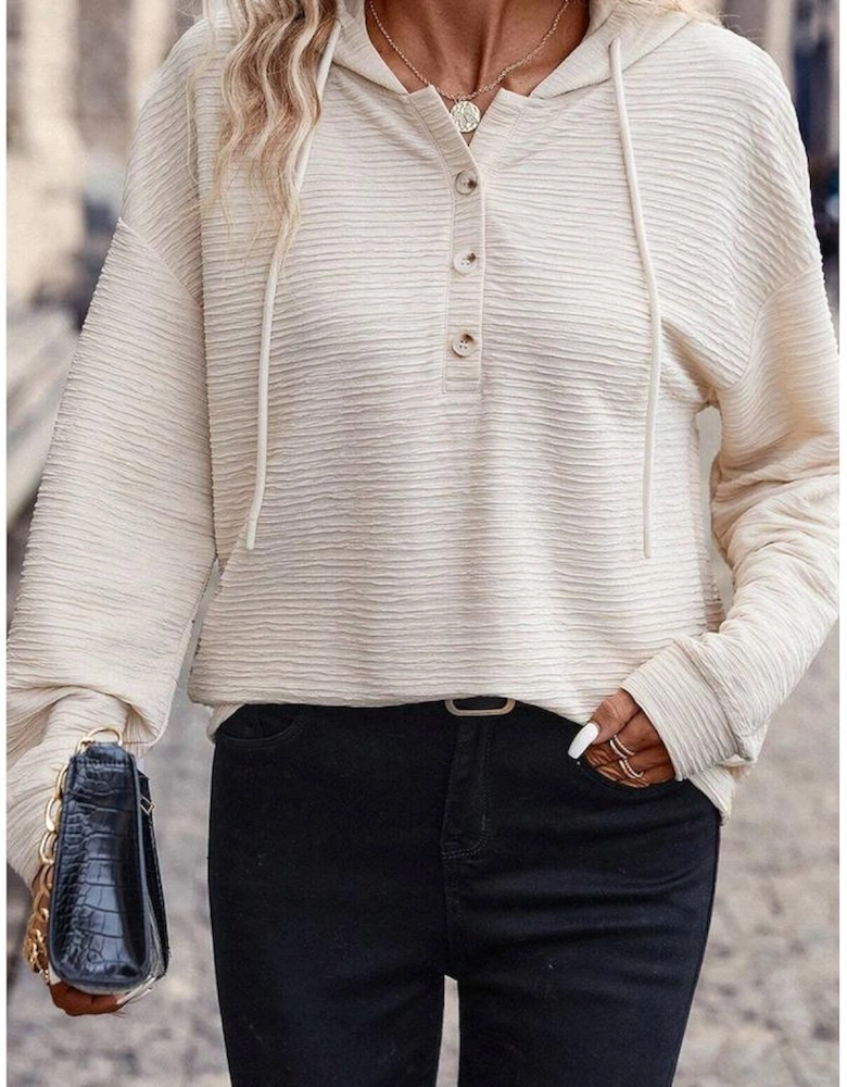 Apricot Solid Textured Drawstring Henley Hoodie