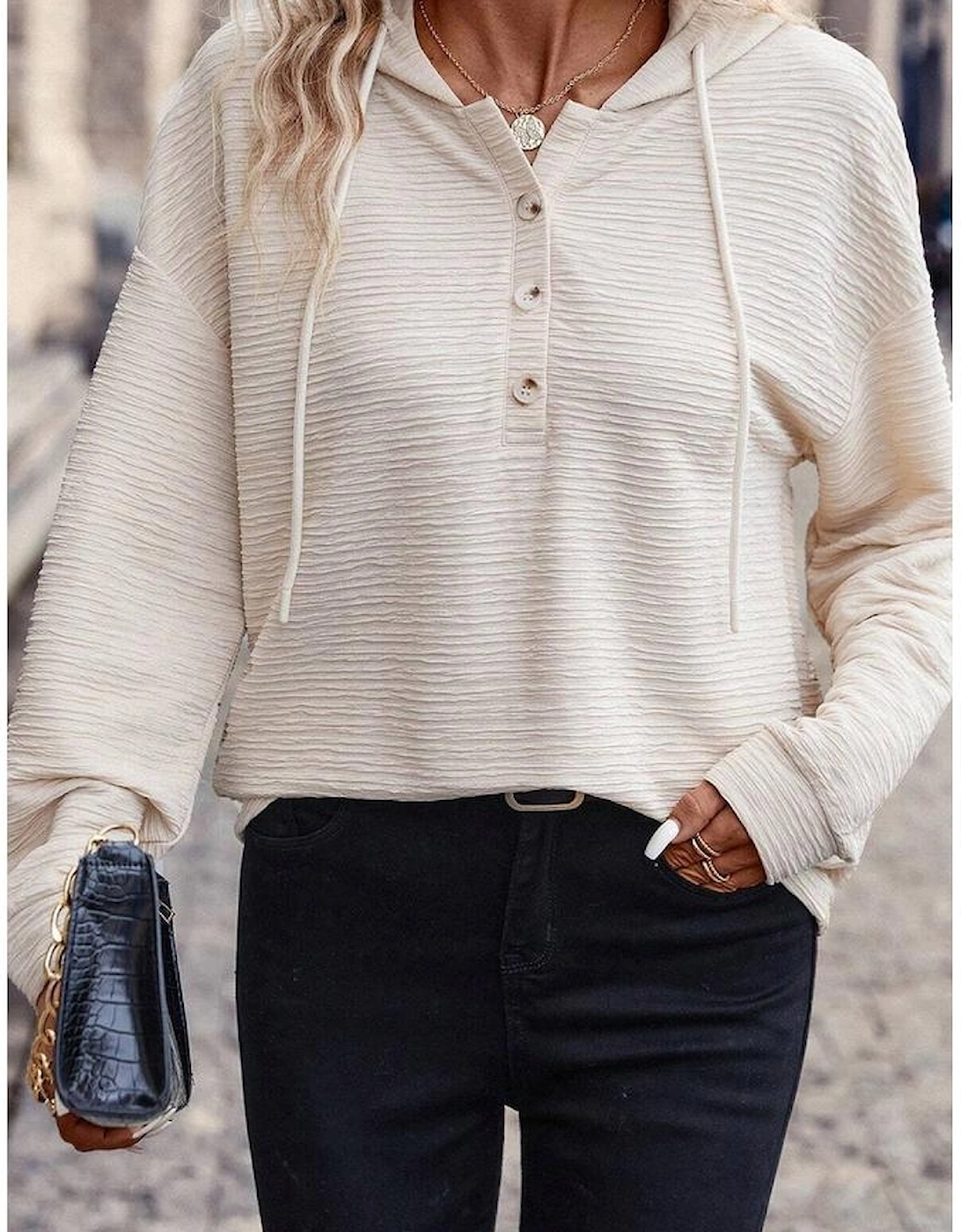 Apricot Solid Textured Drawstring Henley Hoodie