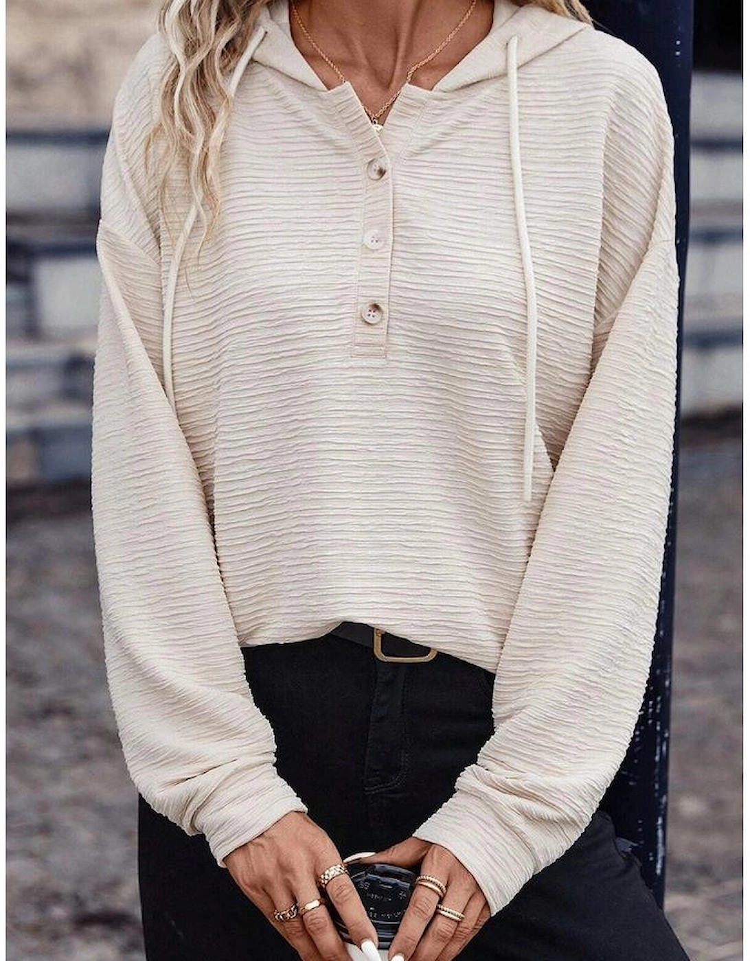 Apricot Solid Textured Drawstring Henley Hoodie