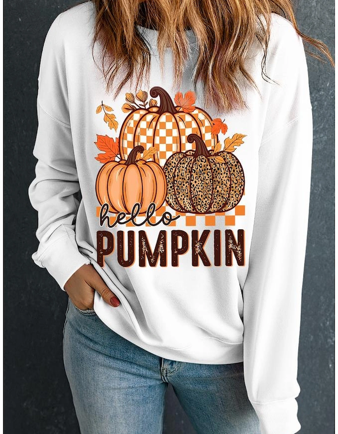 White Hello Pumpkin Thanksgiving Graphic Sweatshirt
