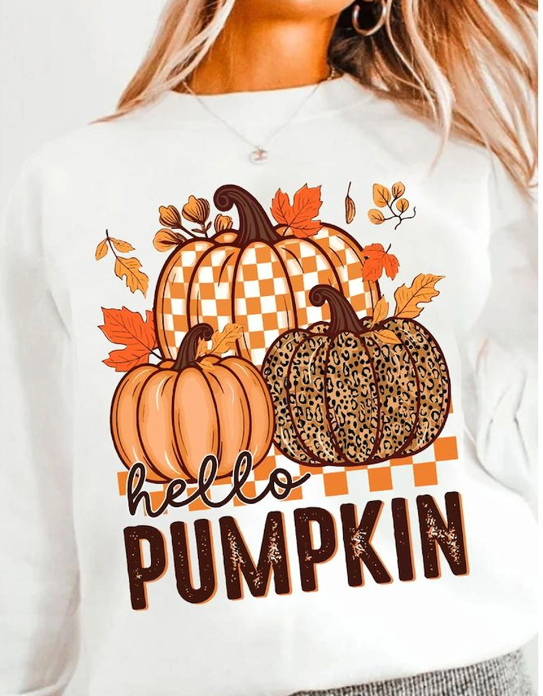 White Hello Pumpkin Thanksgiving Graphic Sweatshirt