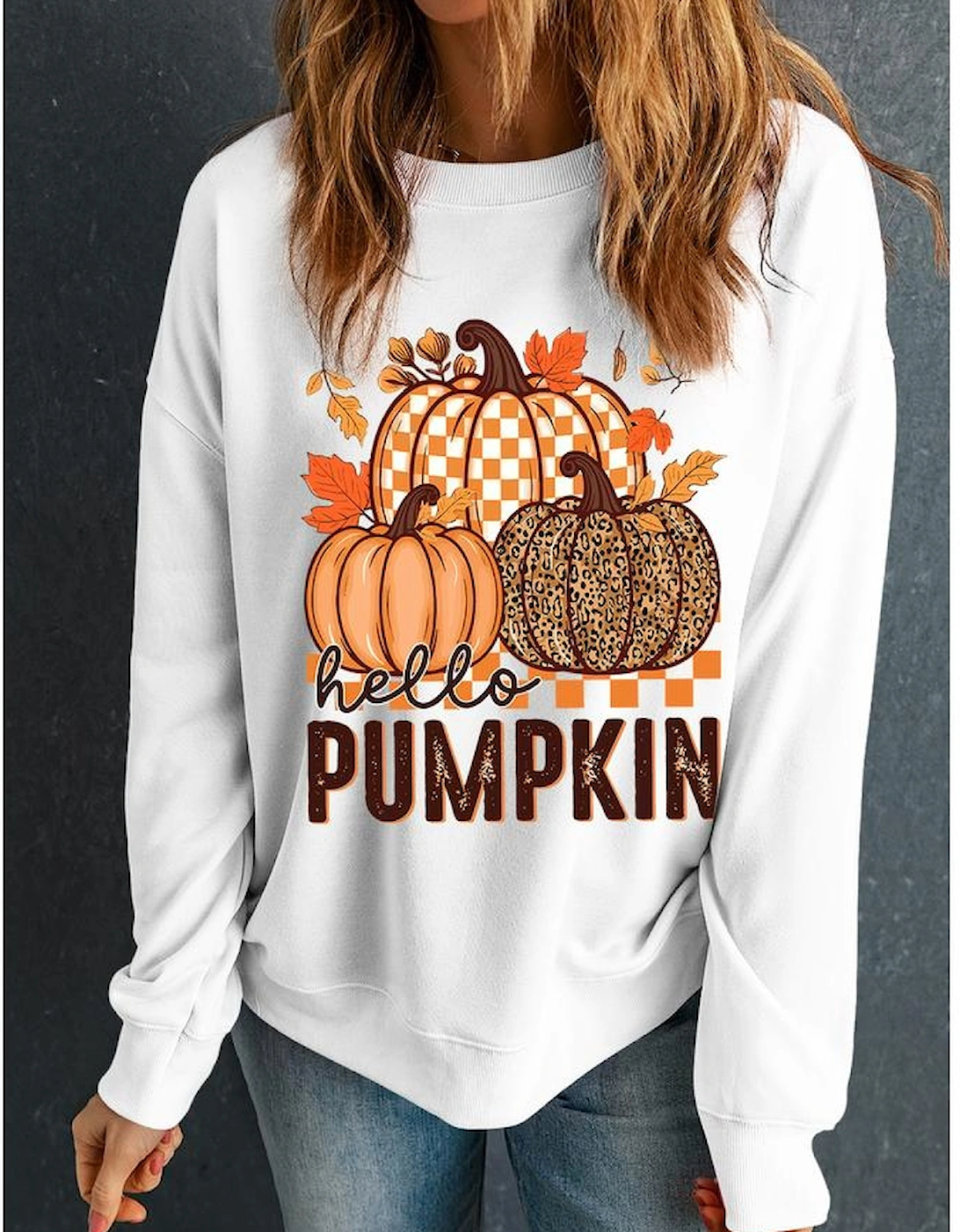 White Hello Pumpkin Thanksgiving Graphic Sweatshirt