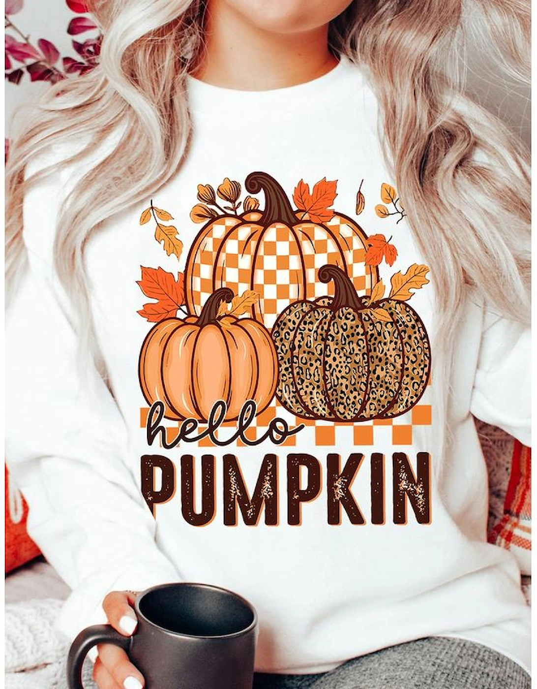 White Hello Pumpkin Thanksgiving Graphic Sweatshirt