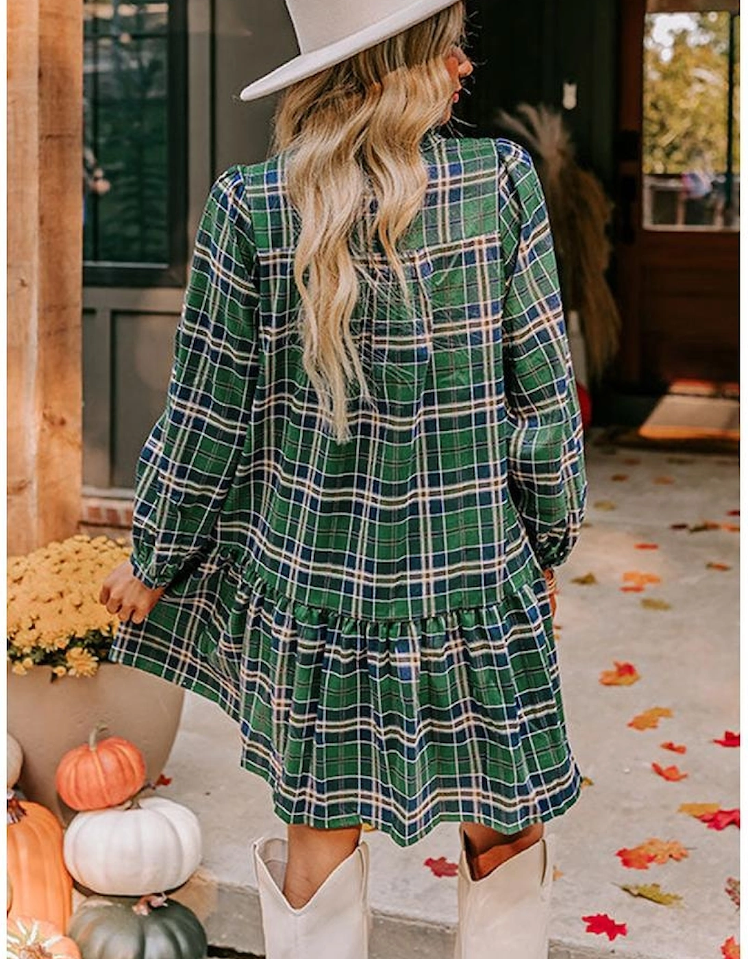 Green Plaid Print Frilly Collar Long Sleeve Shift Mini Dress