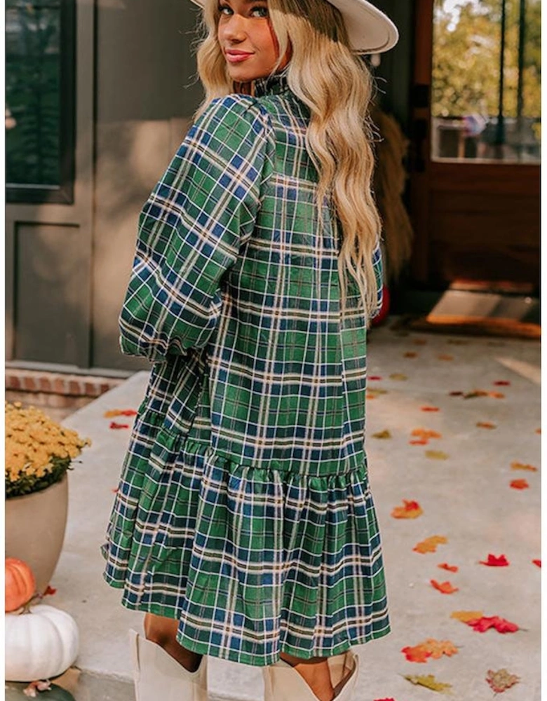 Green Plaid Print Frilly Collar Long Sleeve Shift Mini Dress