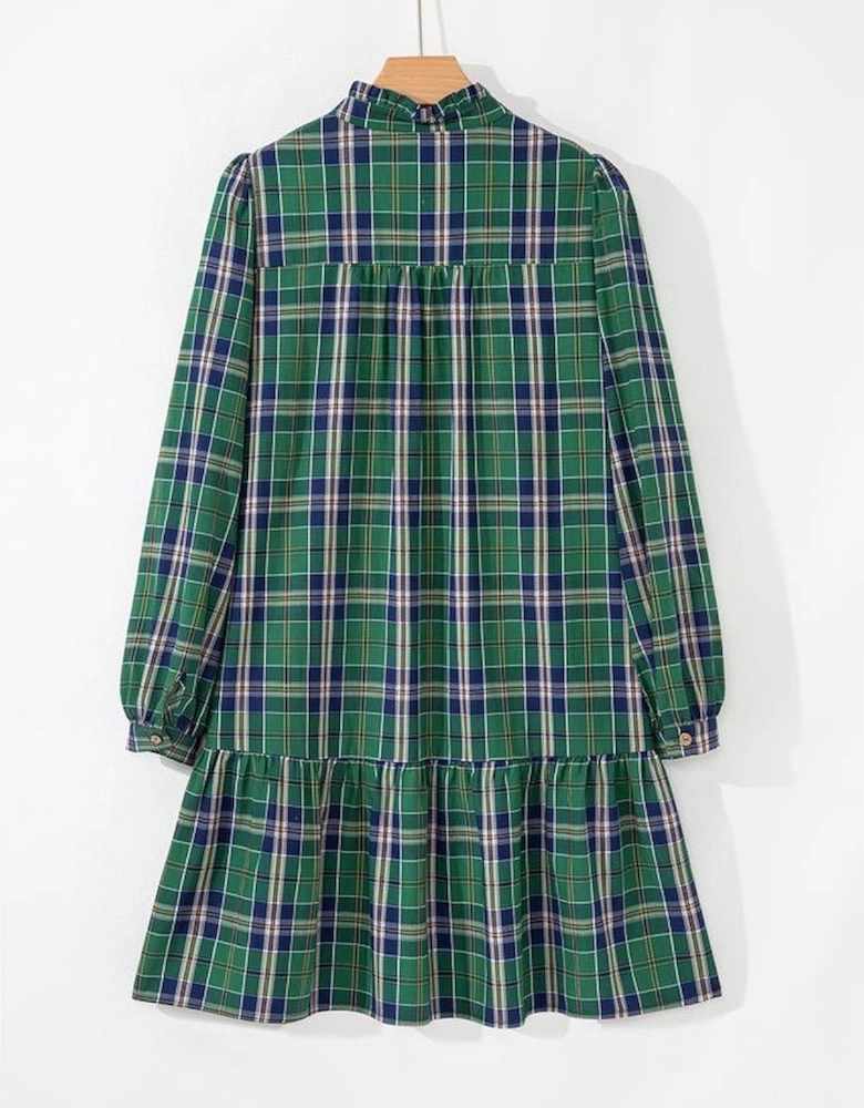 Green Plaid Print Frilly Collar Long Sleeve Shift Mini Dress