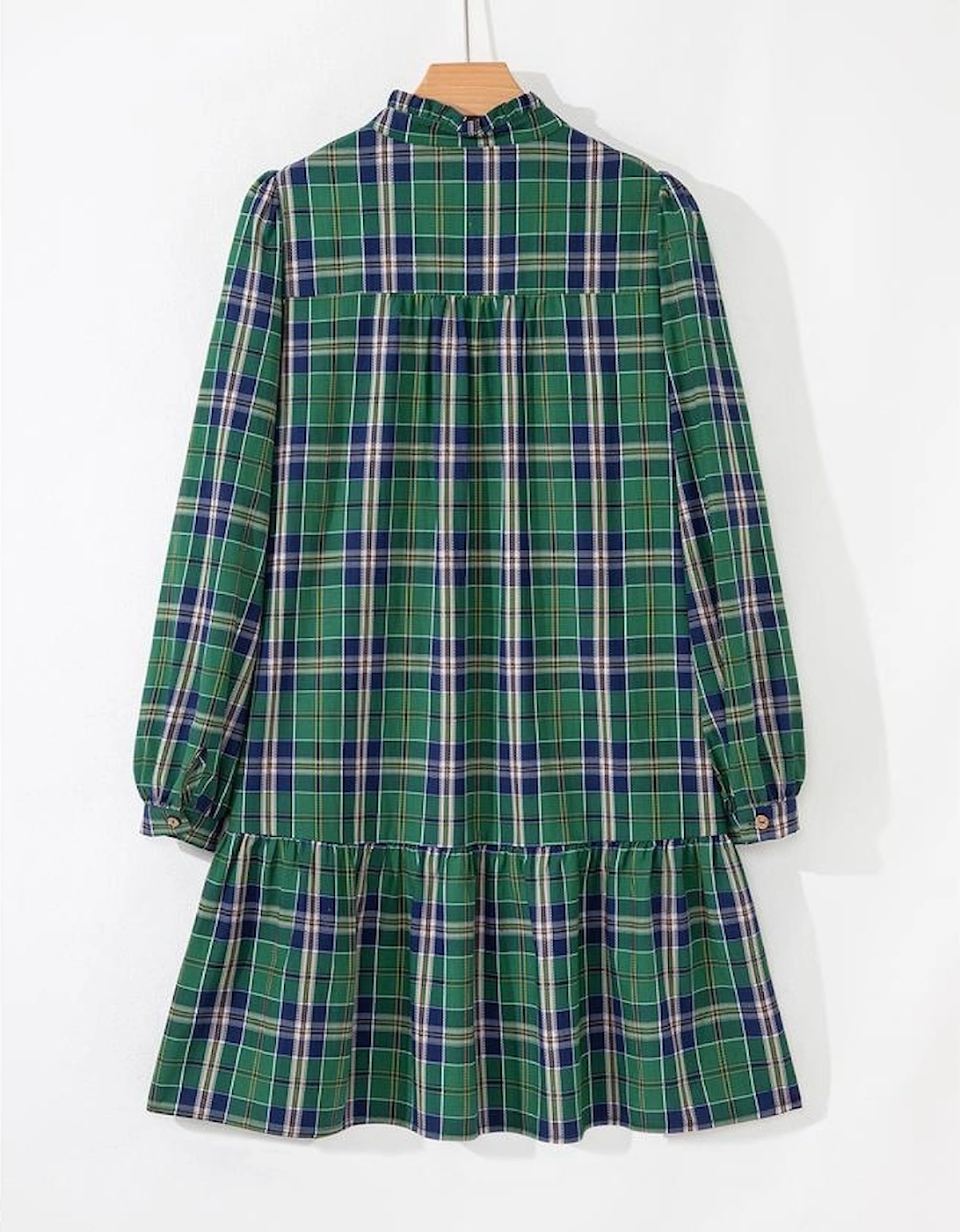 Green Plaid Print Frilly Collar Long Sleeve Shift Mini Dress
