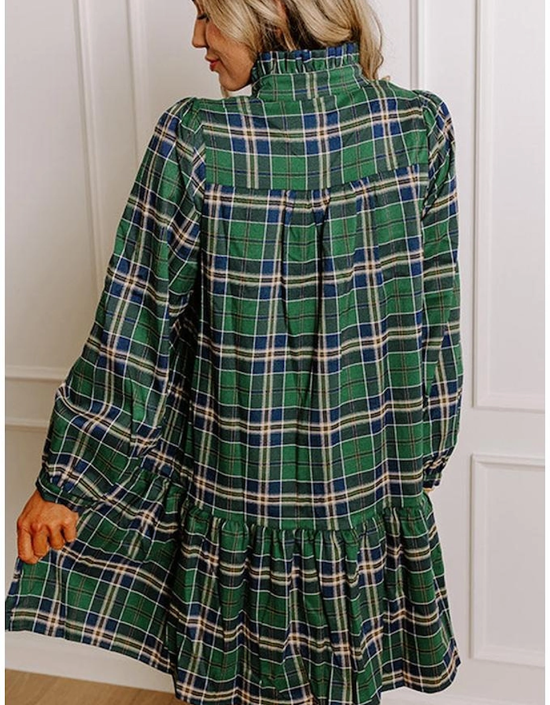 Green Plaid Print Frilly Collar Long Sleeve Shift Mini Dress, 14 of 13