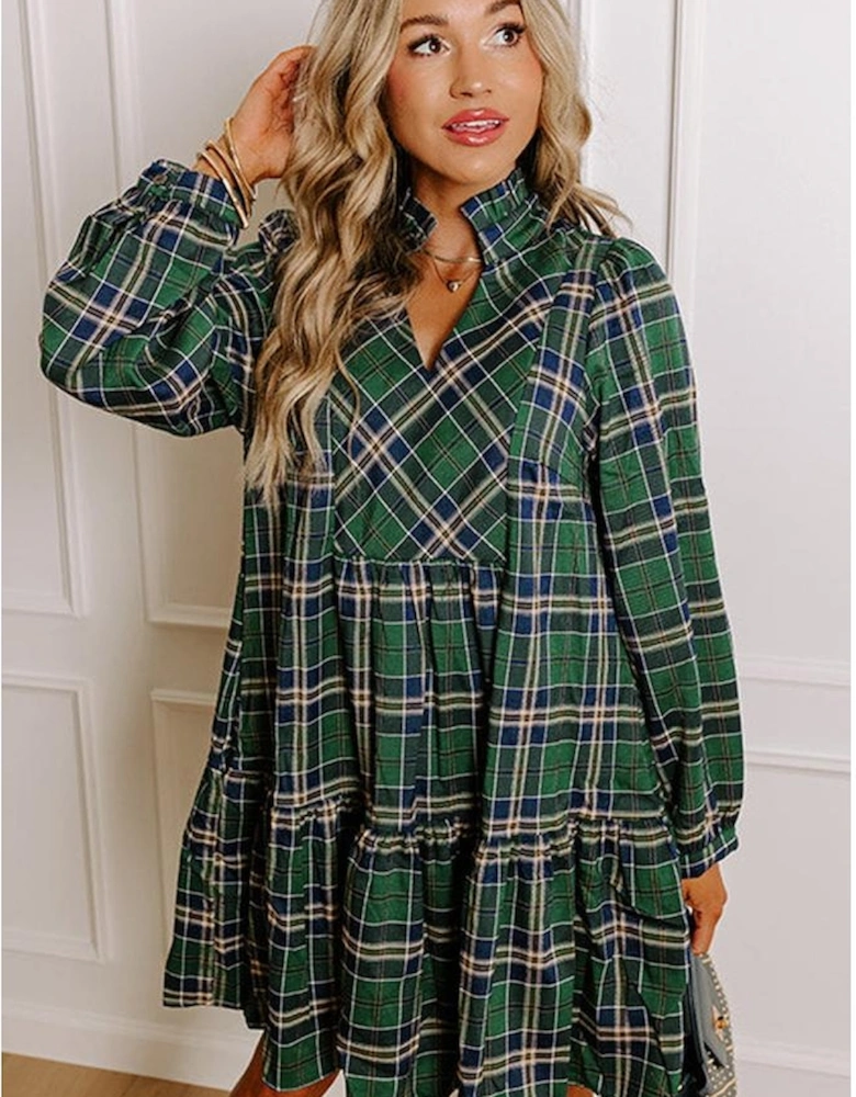Green Plaid Print Frilly Collar Long Sleeve Shift Mini Dress