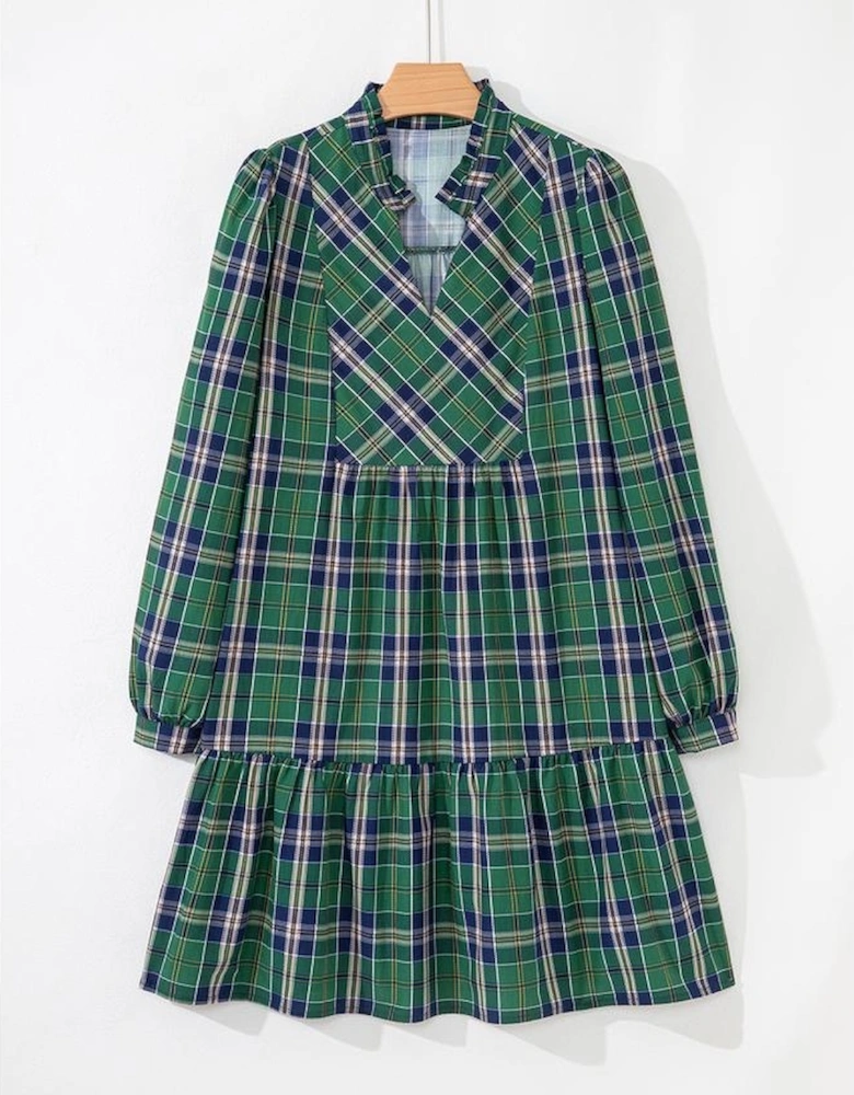 Green Plaid Print Frilly Collar Long Sleeve Shift Mini Dress