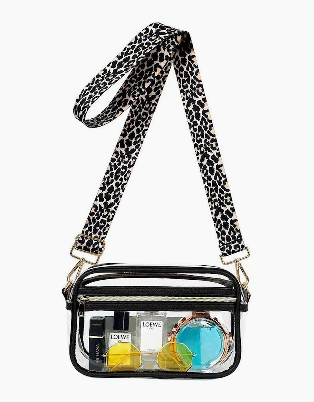 Black Leopard Strap Clear Crossbody Bag