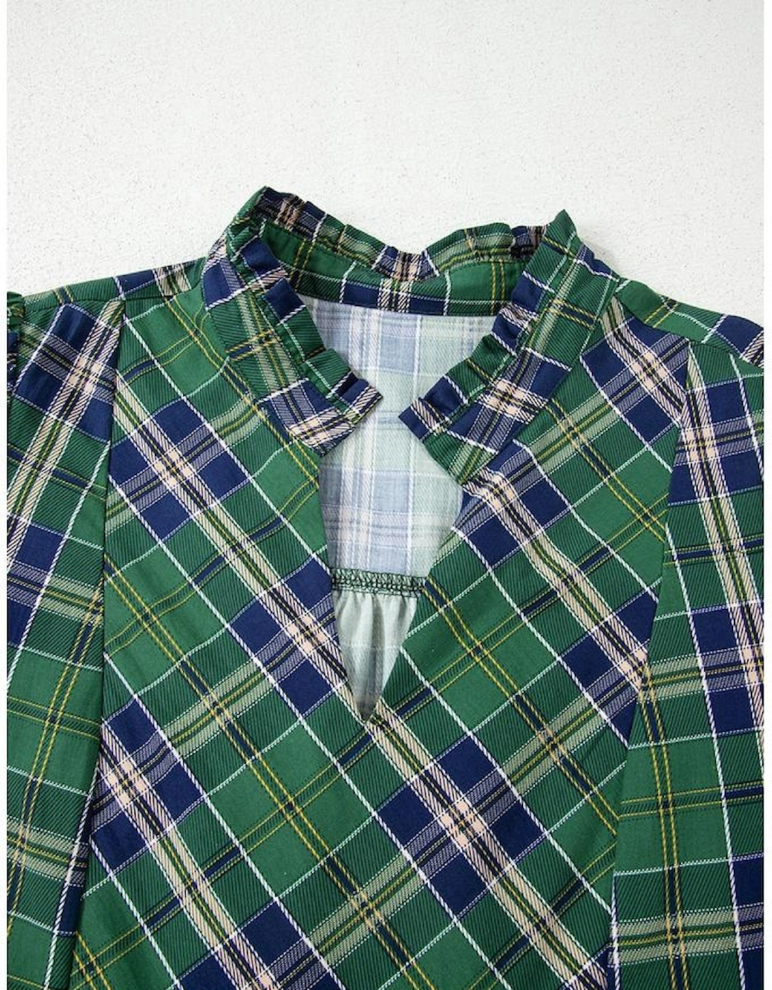 Green Plaid Print Frilly Collar Long Sleeve Shift Mini Dress