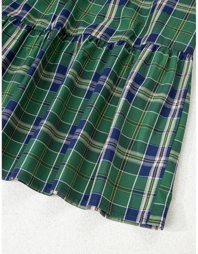 Green Plaid Print Frilly Collar Long Sleeve Shift Mini Dress