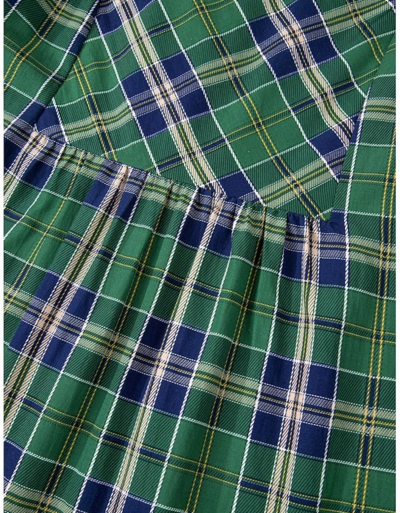 Green Plaid Print Frilly Collar Long Sleeve Shift Mini Dress