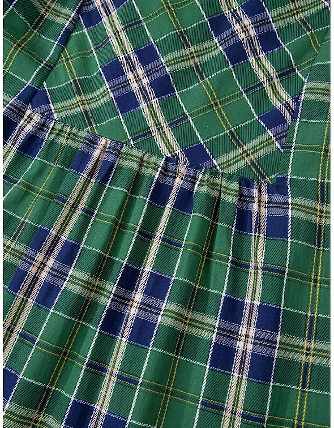 Green Plaid Print Frilly Collar Long Sleeve Shift Mini Dress