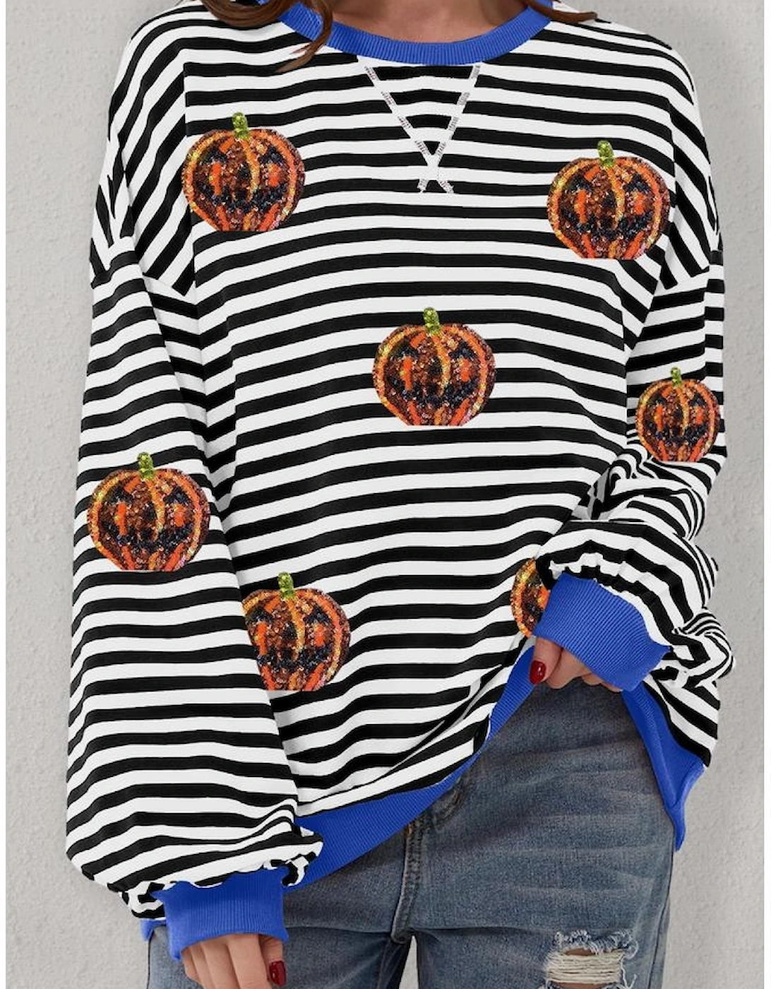 Black Stripe Funny Halloween Pumpkin Face Pattern Oversize Sweatshirt