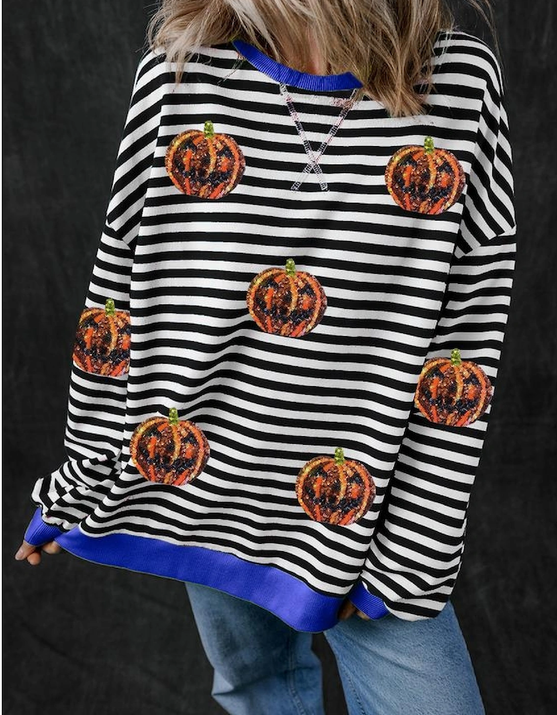 Black Stripe Funny Halloween Pumpkin Face Pattern Oversize Sweatshirt