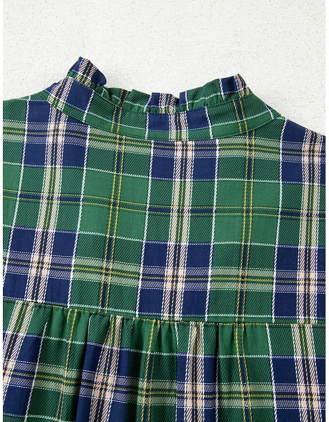 Green Plaid Print Frilly Collar Long Sleeve Shift Mini Dress