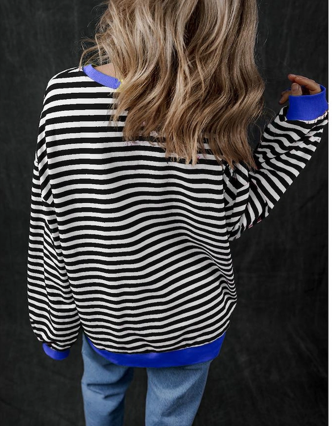 Black Stripe Oversized Contrast Trim Pullover Sweatshirt