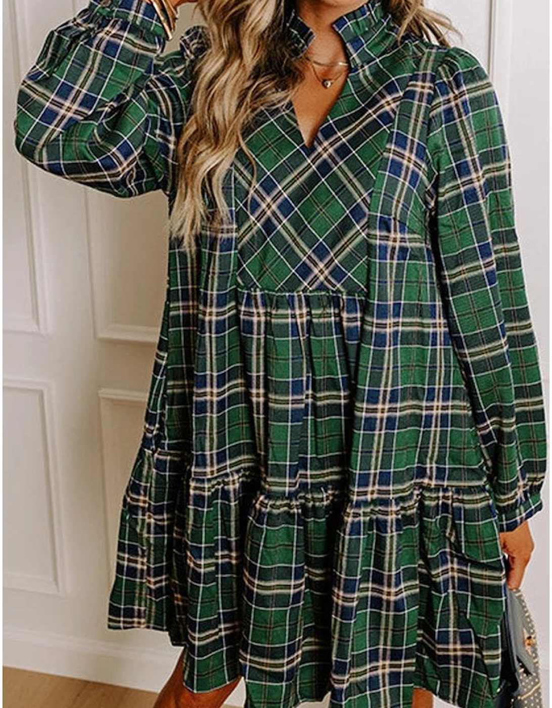 Green Plaid Print Frilly Collar Long Sleeve Shift Mini Dress